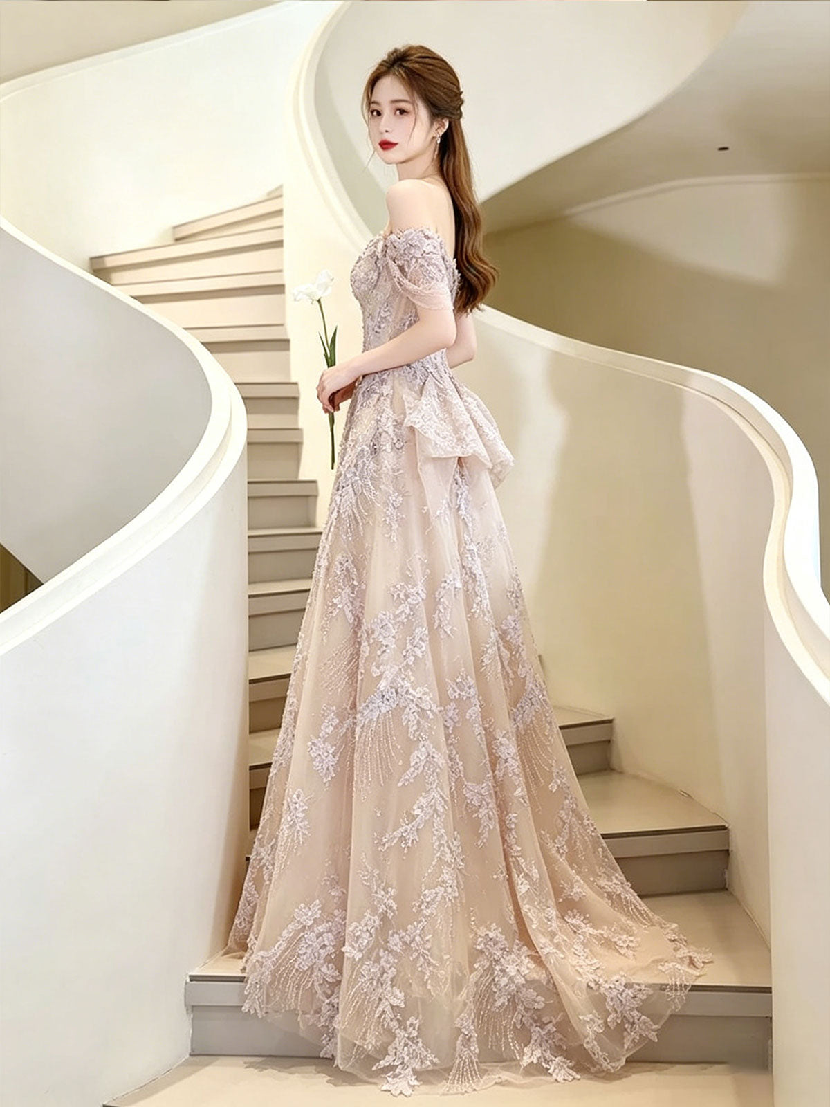 Blush Pink Lace Beaded Off-the-Shoulder A-Line Prom Gown