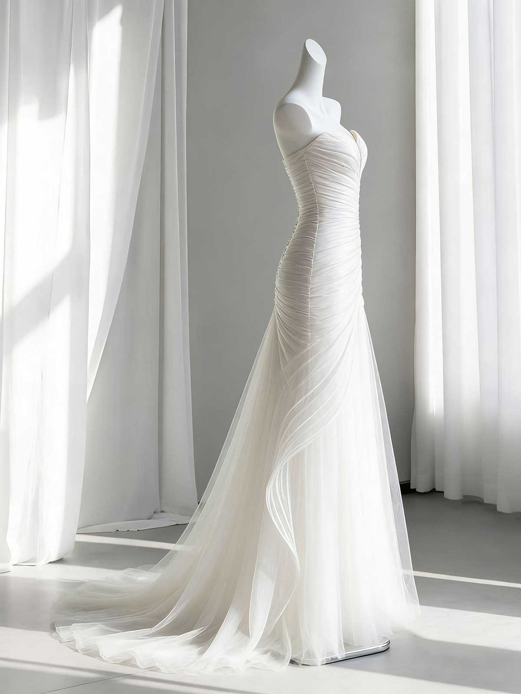 Strapless 3D Ruffled Tulle Mermaid Wedding Gown