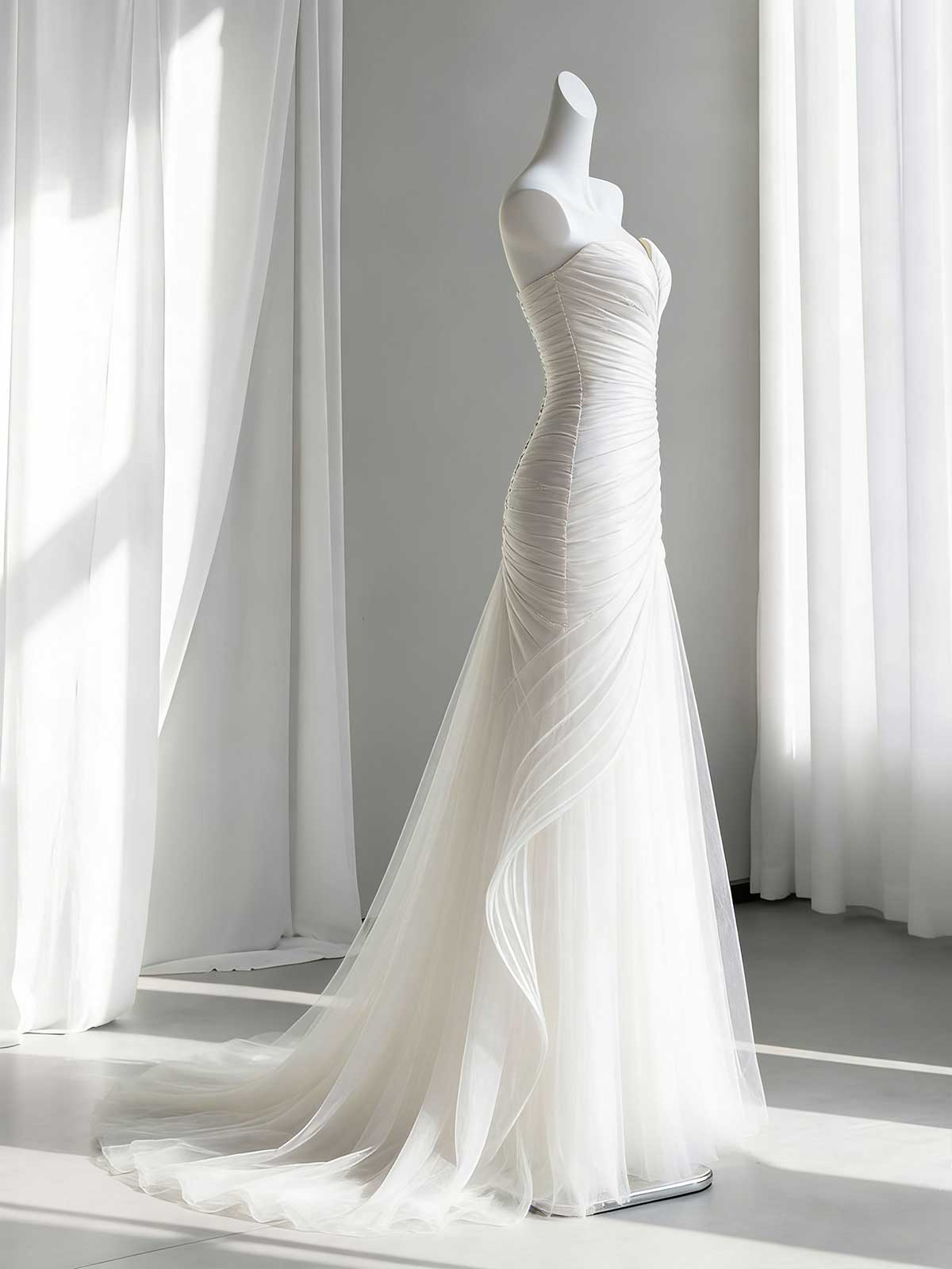 Strapless 3D Ruffled Tulle Mermaid Wedding Gown