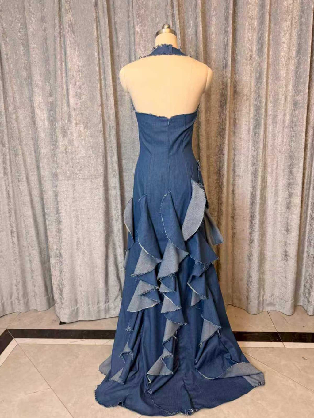 Blue Denim Halter Maxi Dress with Frayed Ruffle Layers for Casual Events