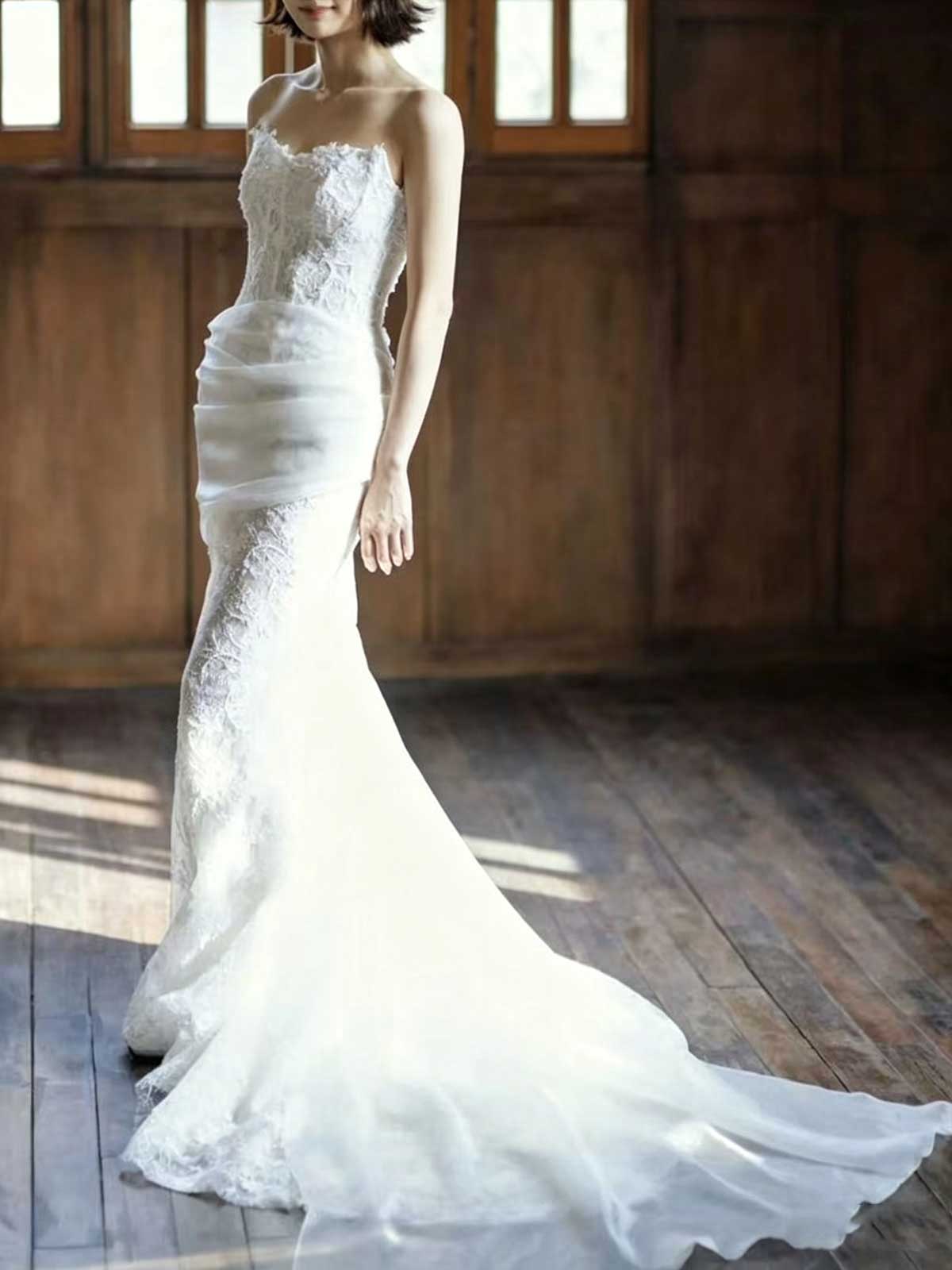 Strapless Lace Mermaid Wedding Dress with Draped Tulle Overlay