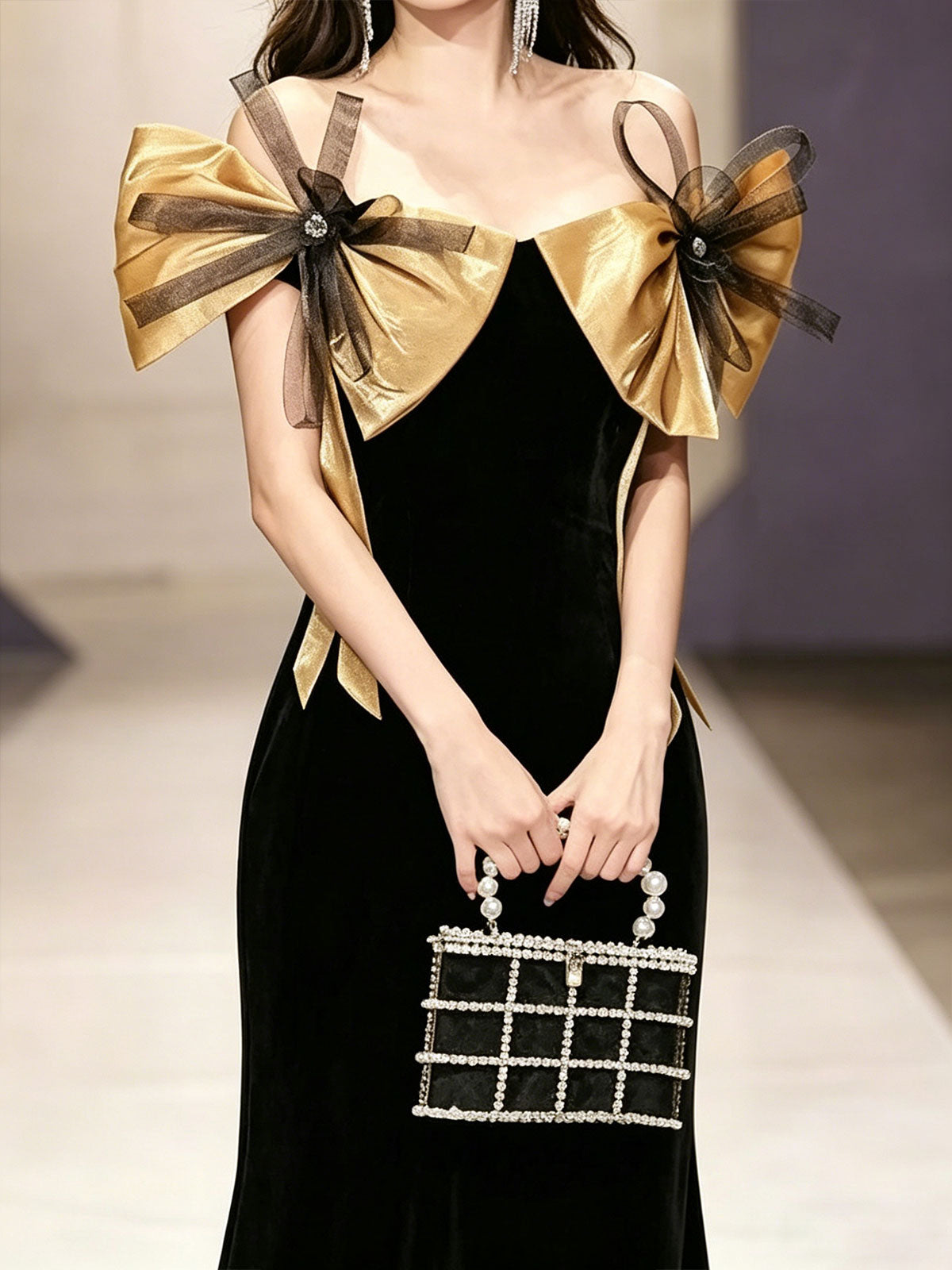 Black Velvet Gold Bow Off Shoulder Mermaid Formal Evening Gown