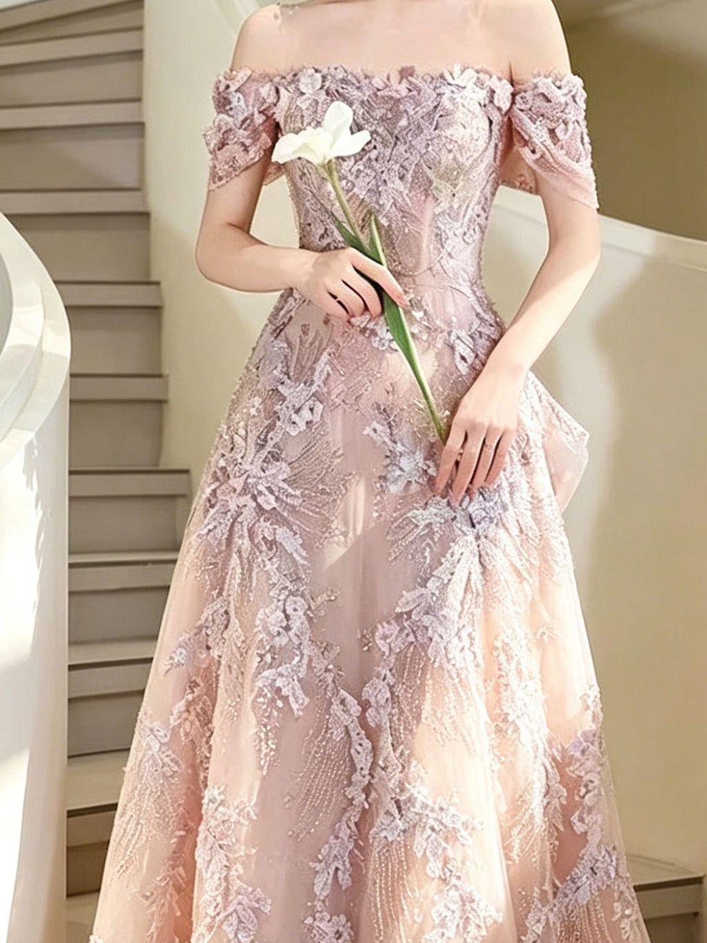 Blush Pink Lace Beaded Off-the-Shoulder A-Line Prom Gown