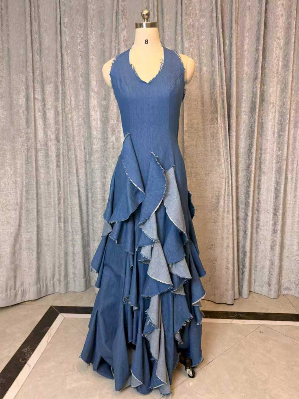 Blue Denim Halter Maxi Dress with Frayed Ruffle Layers for Casual Events