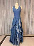 Blue Denim Halter Maxi Dress with Frayed Ruffle Layers for Casual Events