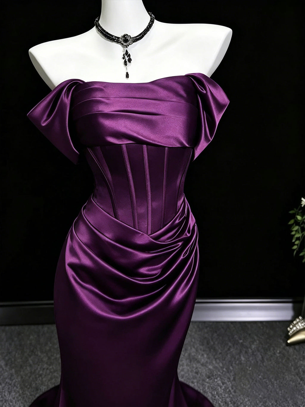 Deep Purple Strapless Satin Mermaid Evening Gown with Corset Bodice