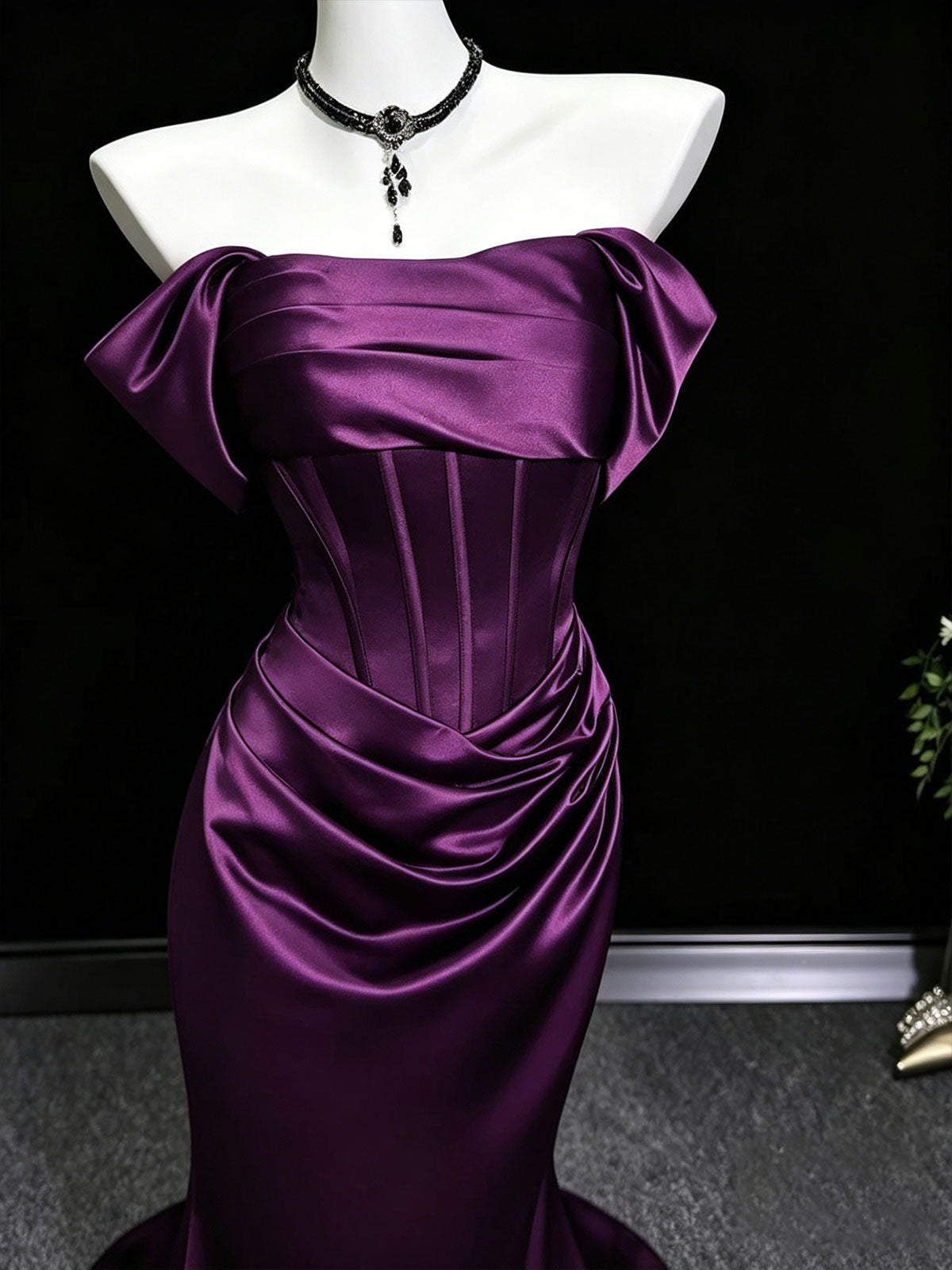 Deep Purple Strapless Satin Mermaid Evening Gown with Corset Bodice