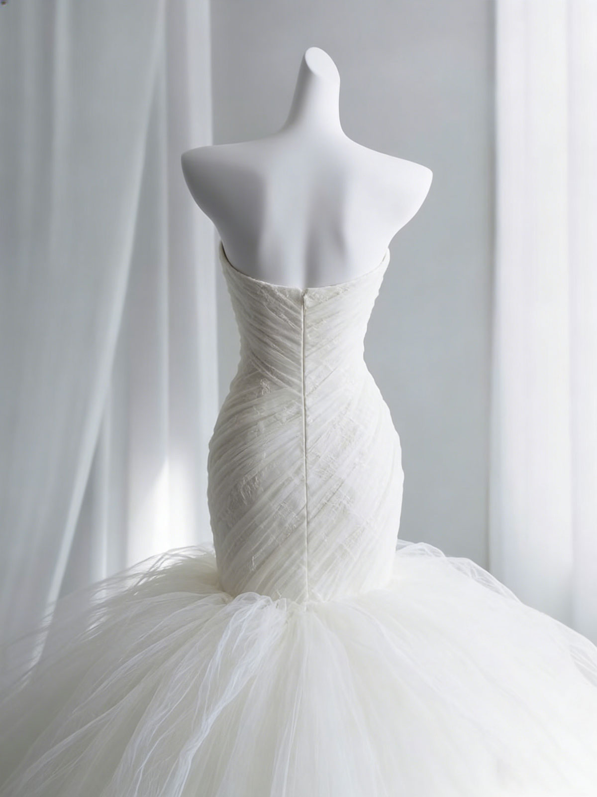 Strapless Ruched Tulle Mermaid Ball Gown Wedding Dress