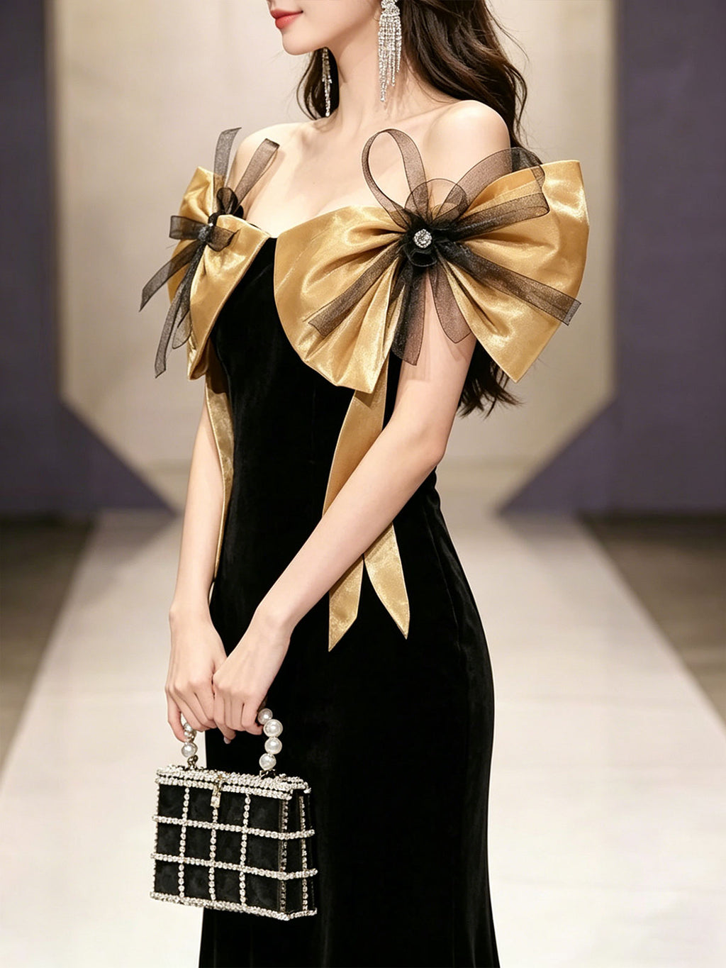 Black Velvet Gold Bow Off Shoulder Mermaid Formal Evening Gown