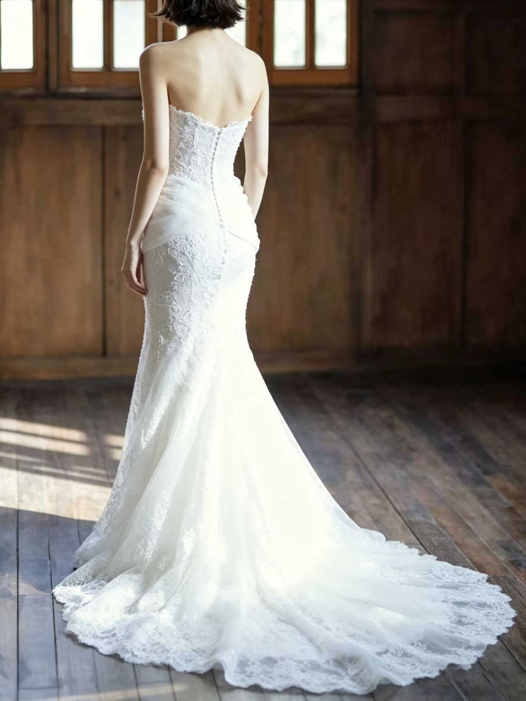 Strapless Lace Mermaid Wedding Dress with Draped Tulle Overlay