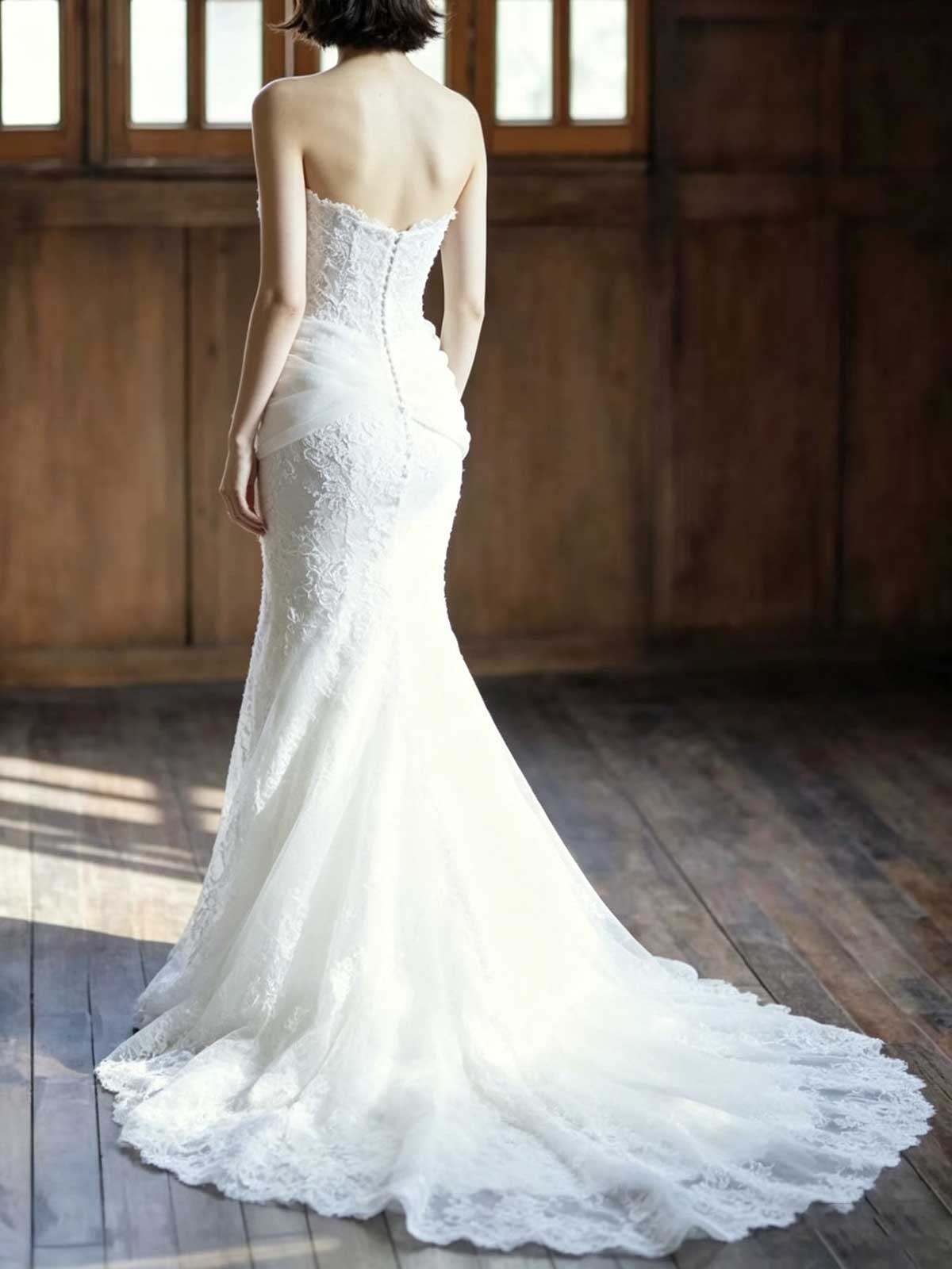Strapless Lace Mermaid Wedding Dress with Draped Tulle Overlay