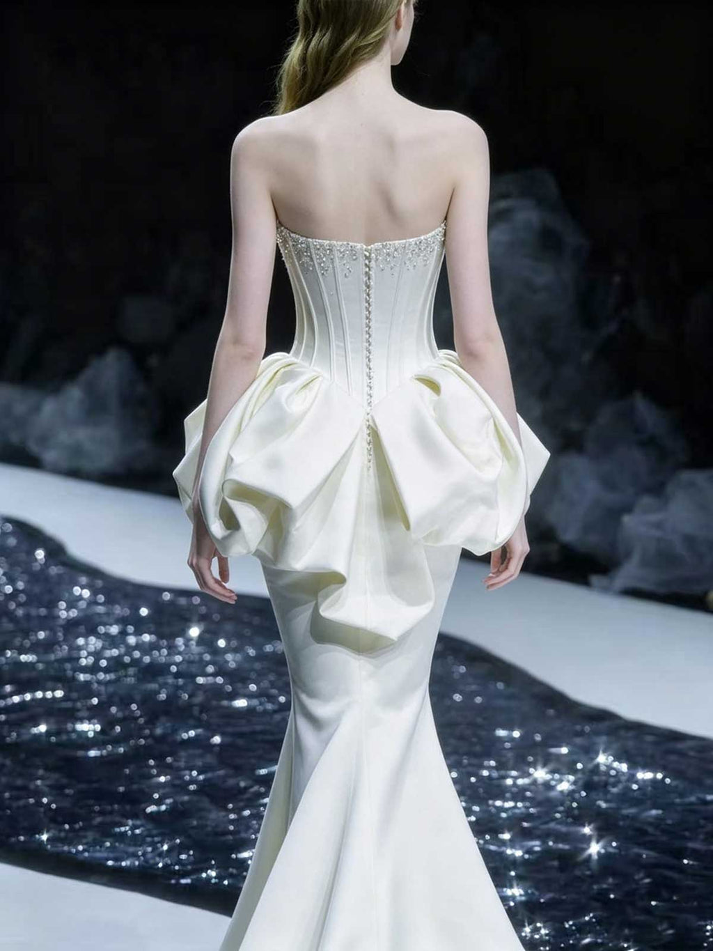 Ivory Satin Strapless Mermaid Wedding Dress with Oversized Bow