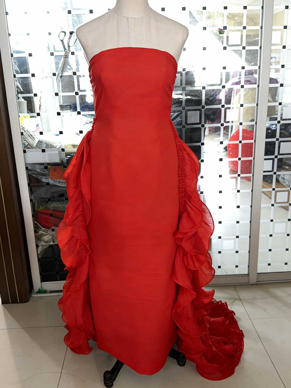Red Strapless Ruffle Gown with Side Train for Weddings & Galas