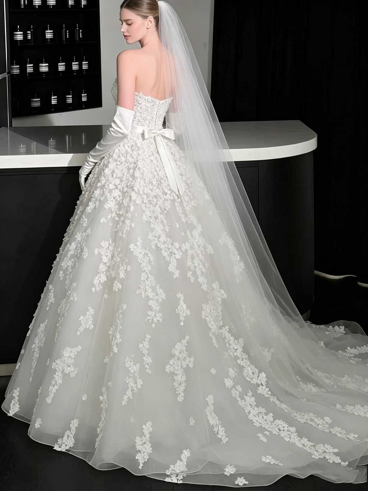 Strapless 3D Floral Ball Gown Wedding Dress with Bow Waist Detail