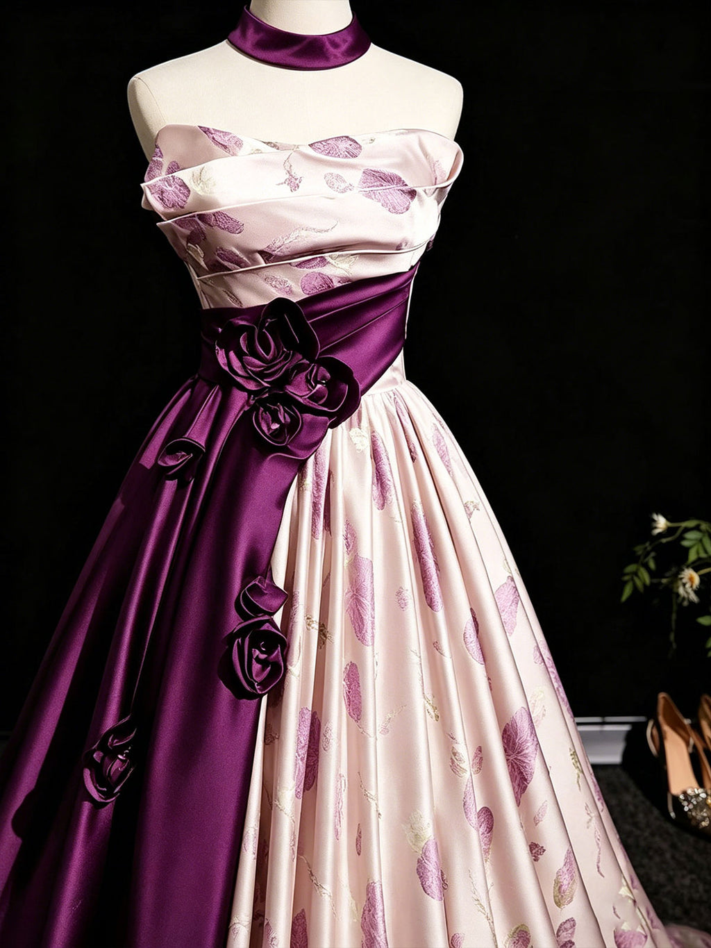 Blush Pink & Purple Strapless Satin Ball Gown with Floral Print