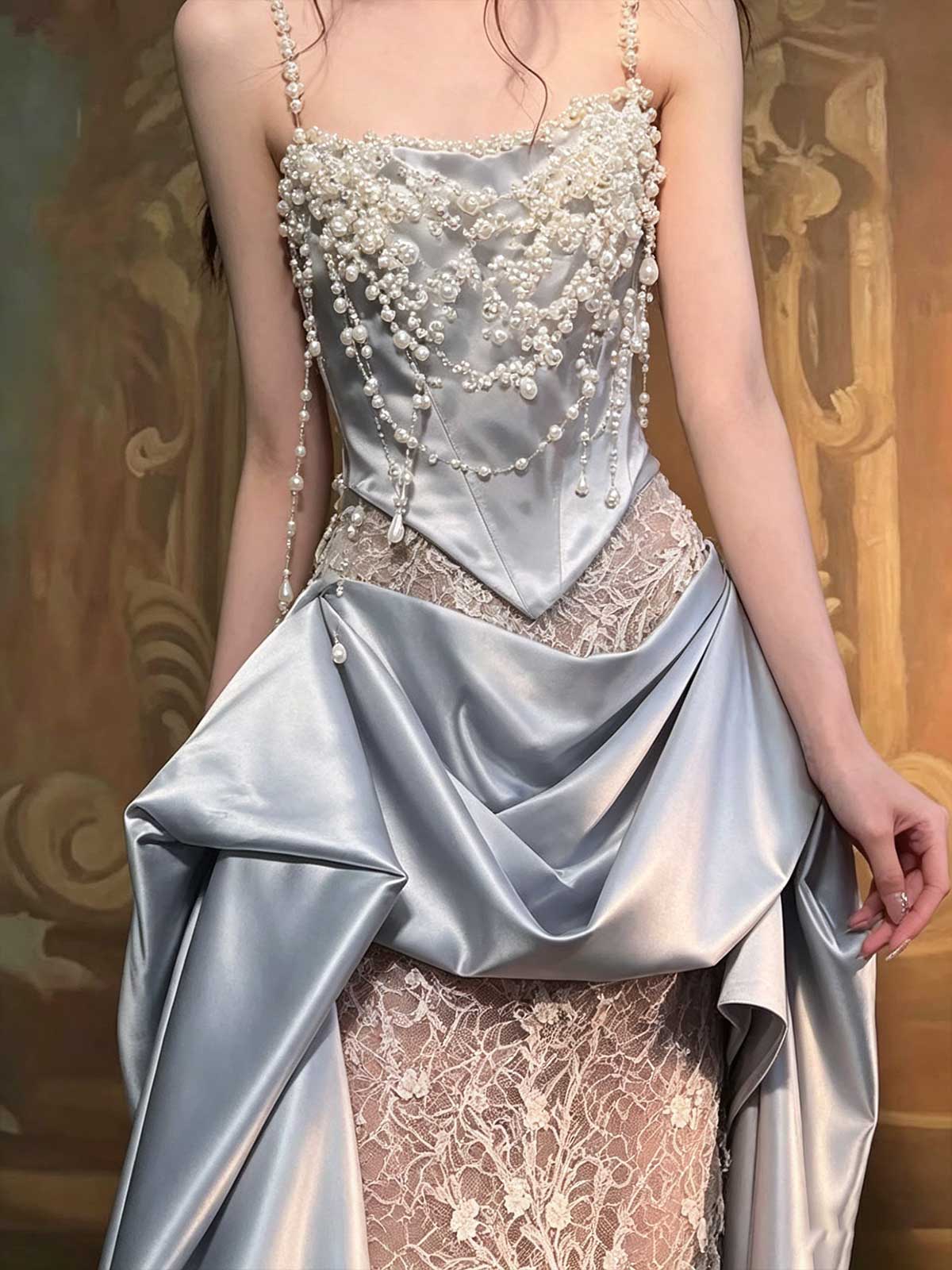 Dusty Blue Pearl Beaded Satin Lace Mermaid Evening Gown