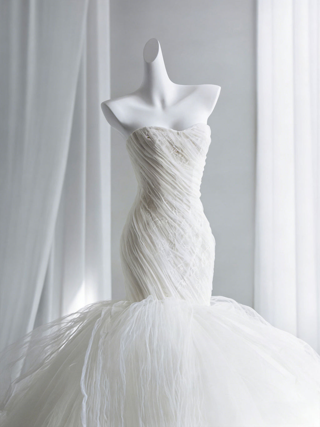 Strapless Ruched Tulle Mermaid Ball Gown Wedding Dress