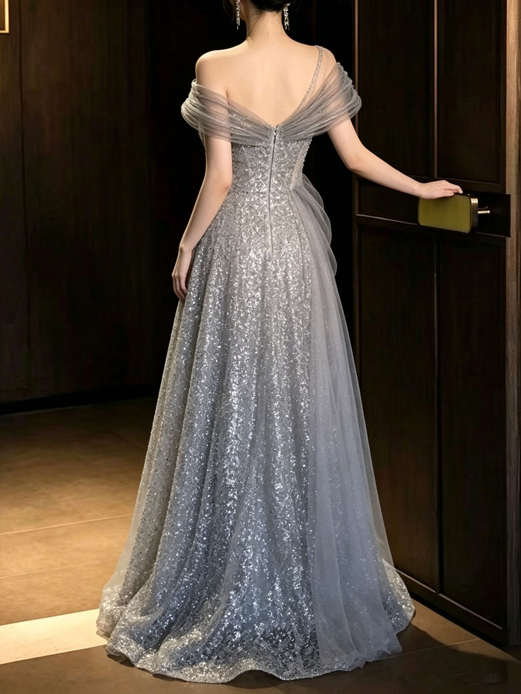 Off Shoulder Draped Tulle Silver Sequin A-Line Evening Gown