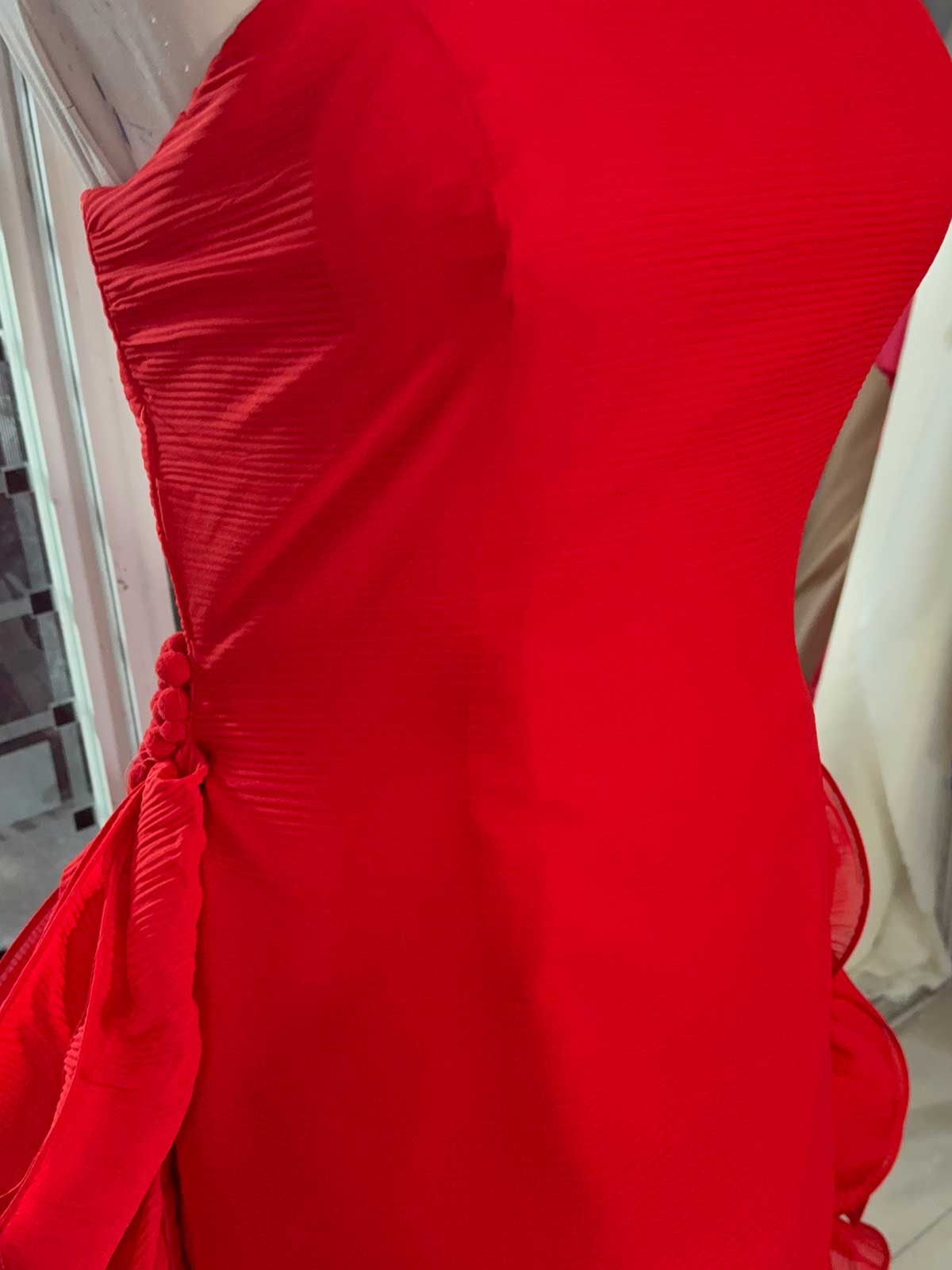 Red Strapless Ruffle Gown with Side Train for Weddings & Galas