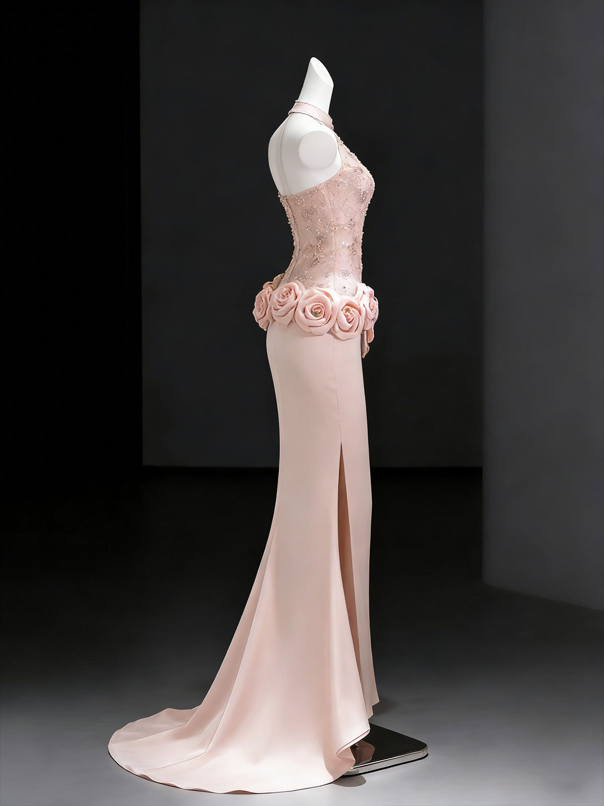 Dusty Pink Halter 3D Rose Mermaid Evening Gown