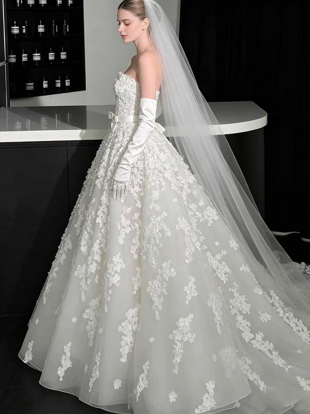 Strapless 3D Floral Ball Gown Wedding Dress with Bow Waist Detail