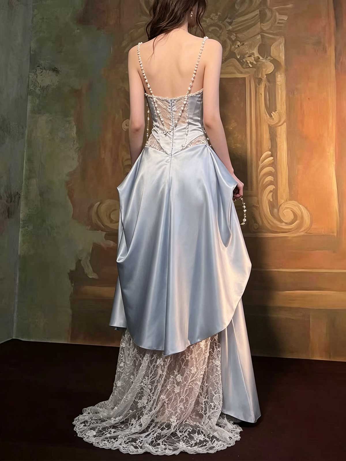 Dusty Blue Pearl Beaded Satin Lace Mermaid Evening Gown