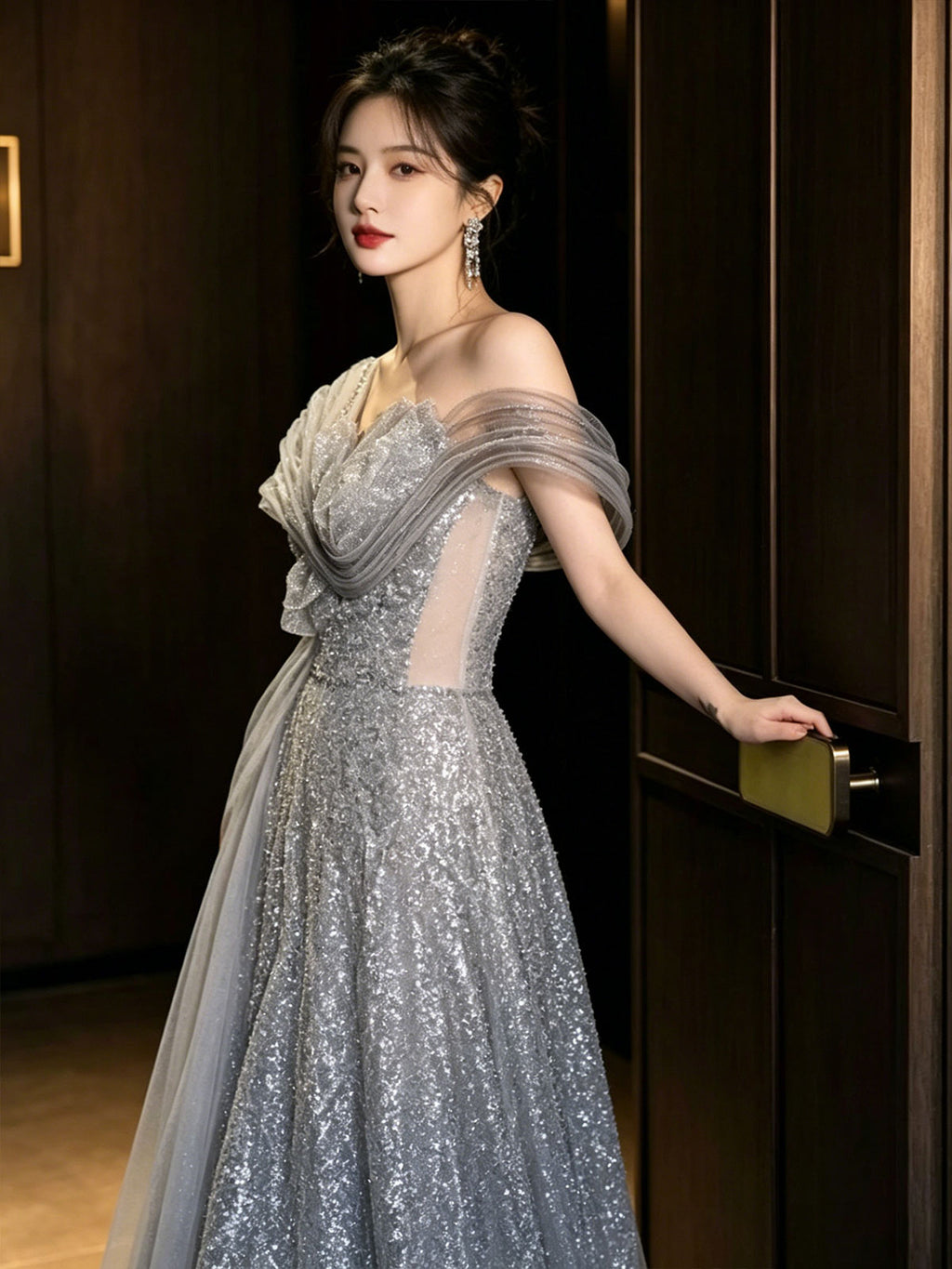 Off Shoulder Draped Tulle Silver Sequin A-Line Evening Gown