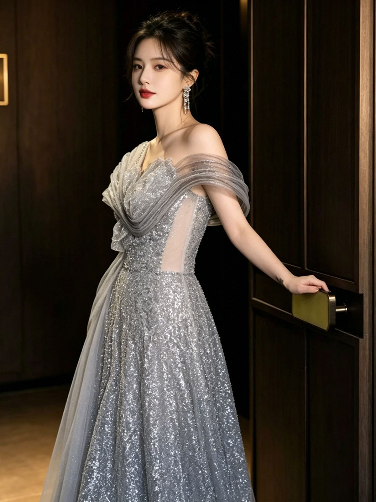 Off Shoulder Draped Tulle Silver Sequin A-Line Evening Gown