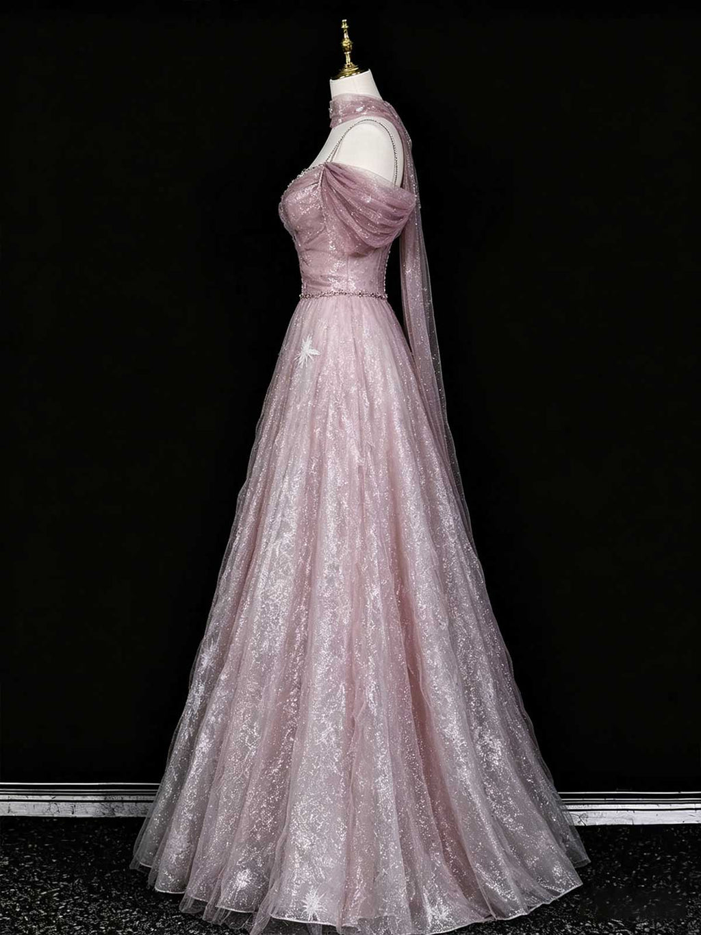 Dusty Rose Sequin Tulle Evening Gown