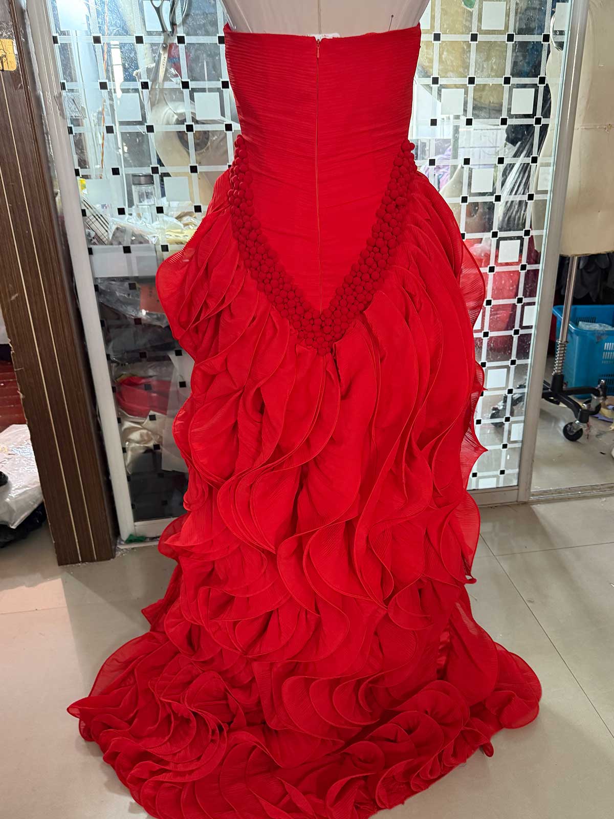Red Strapless Ruffle Gown with Side Train for Weddings & Galas