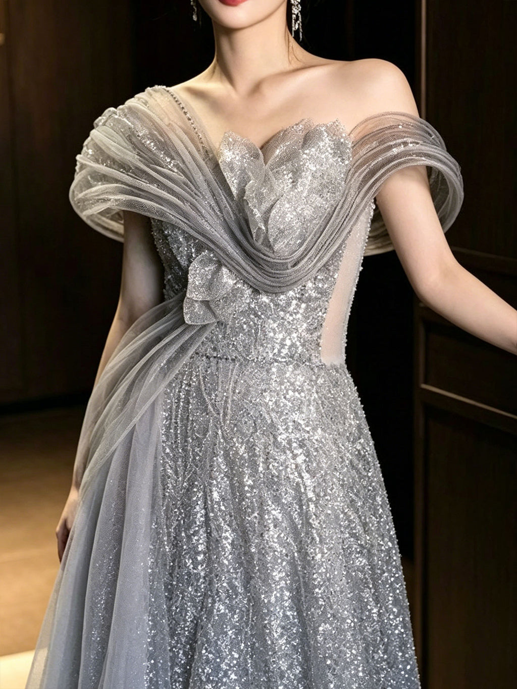 Off Shoulder Draped Tulle Silver Sequin A-Line Evening Gown