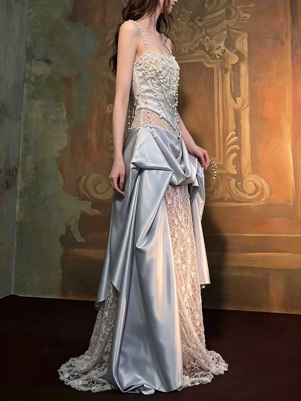 Dusty Blue Pearl Beaded Satin Lace Mermaid Evening Gown