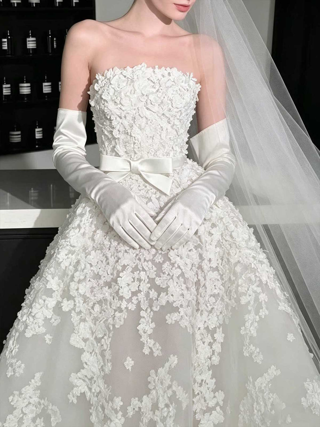 Strapless 3D Floral Ball Gown Wedding Dress with Bow Waist Detail