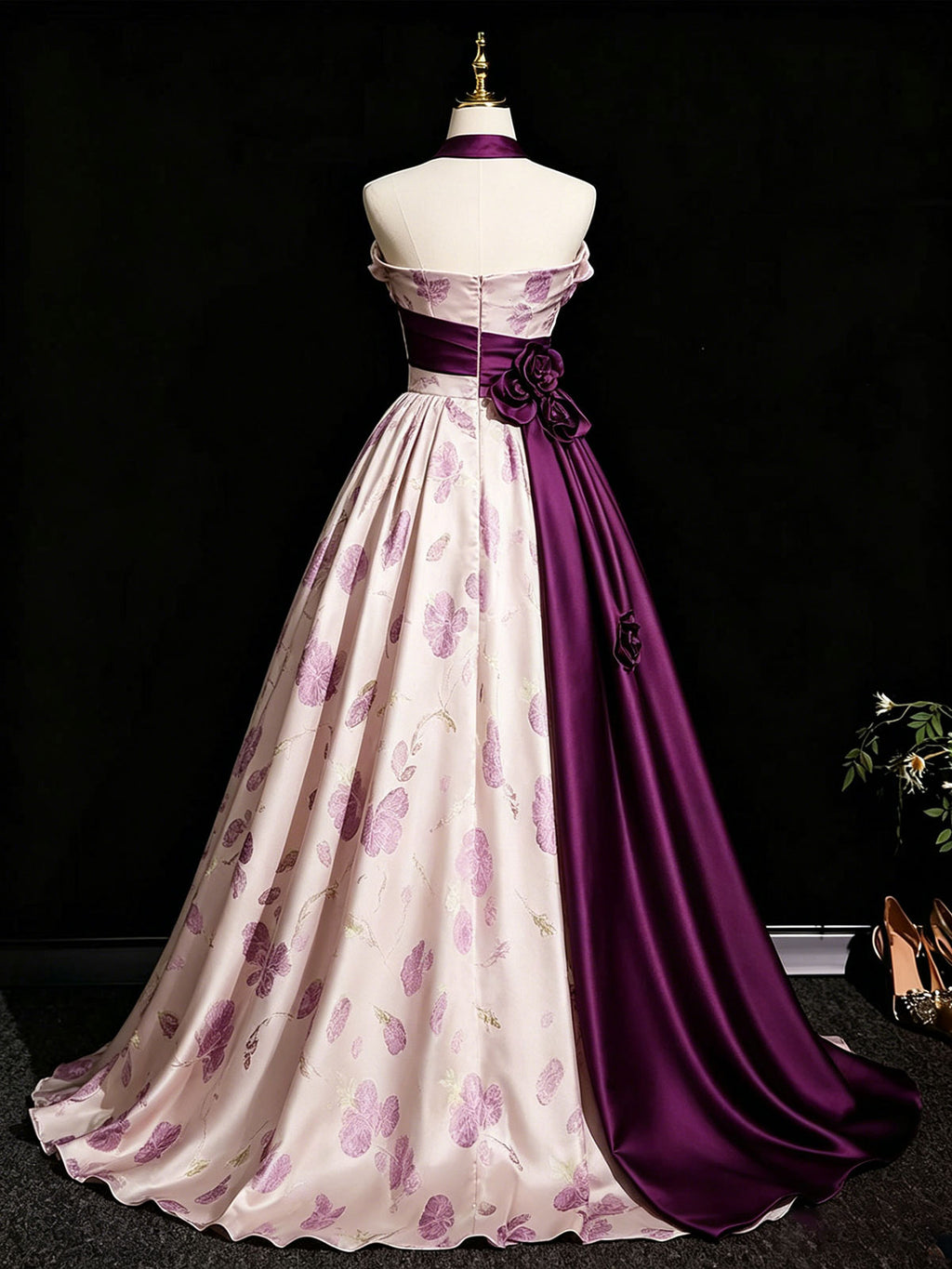 Blush Pink & Purple Strapless Satin Ball Gown with Floral Print
