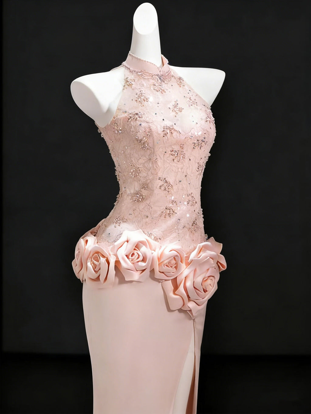 Dusty Pink Halter 3D Rose Mermaid Evening Gown