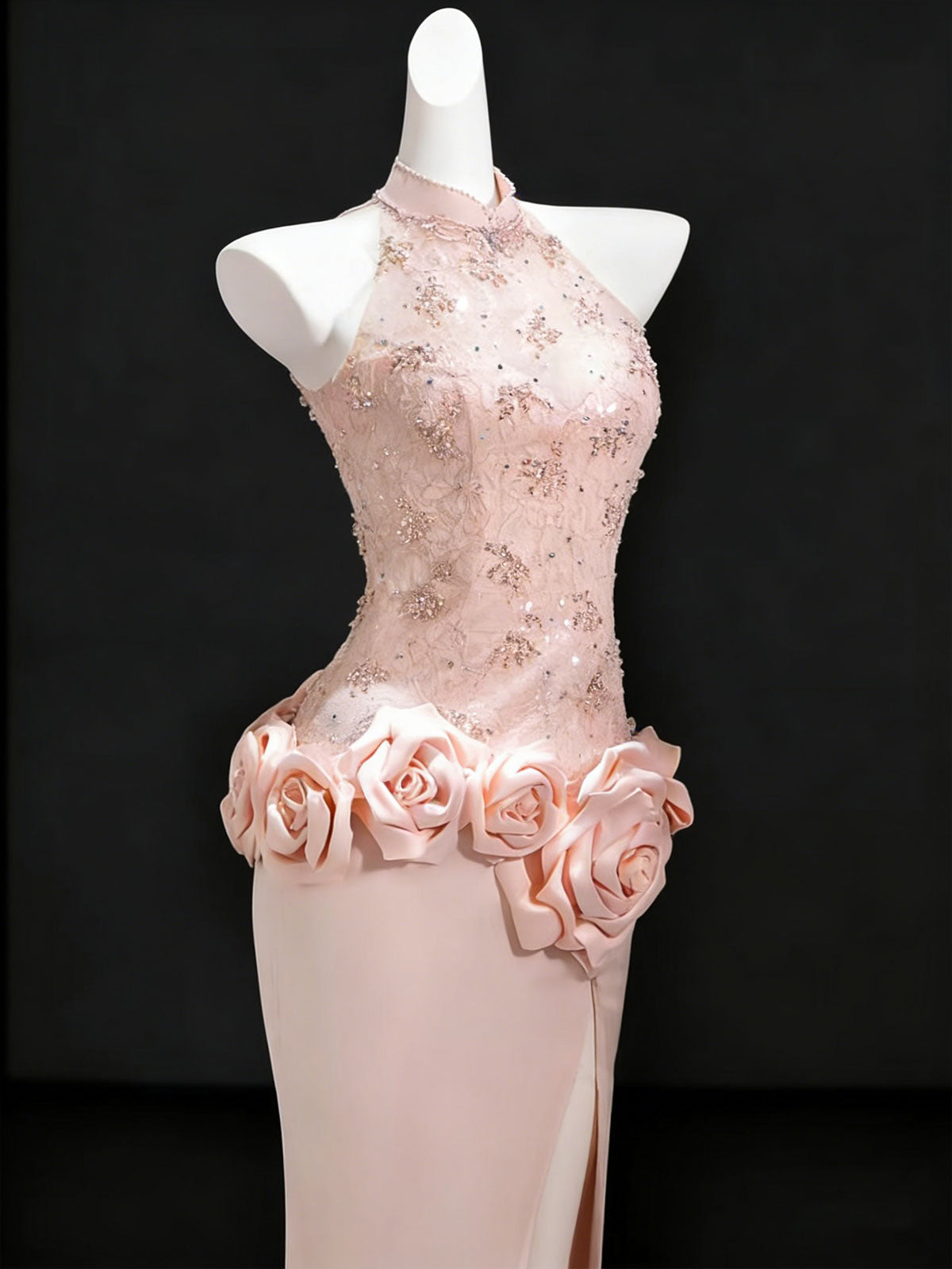 Dusty Pink Halter 3D Rose Mermaid Evening Gown