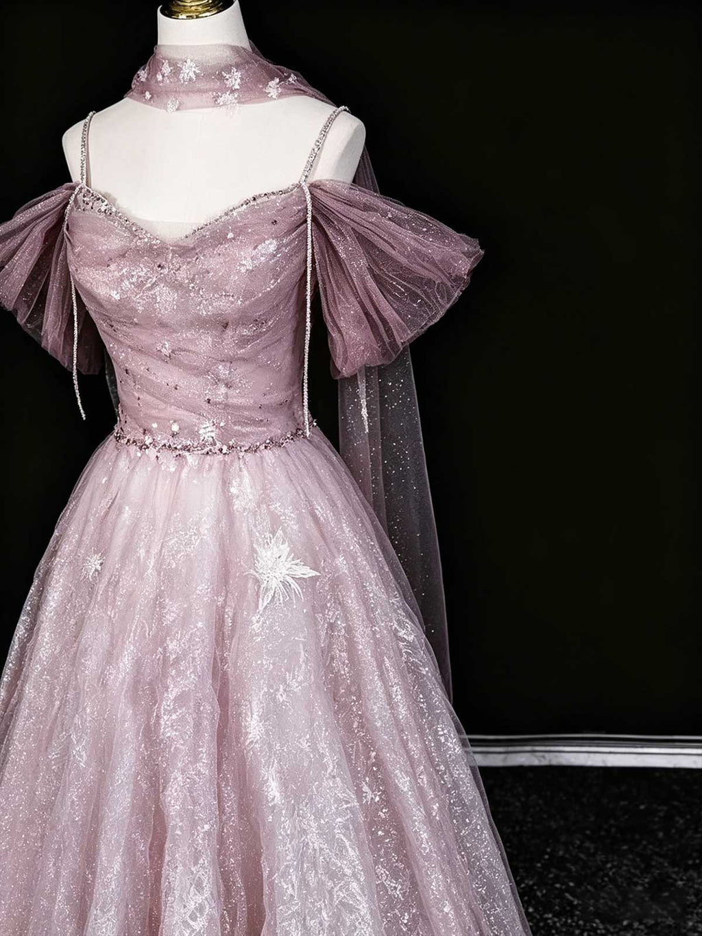 Dusty Rose Sequin Tulle Evening Gown