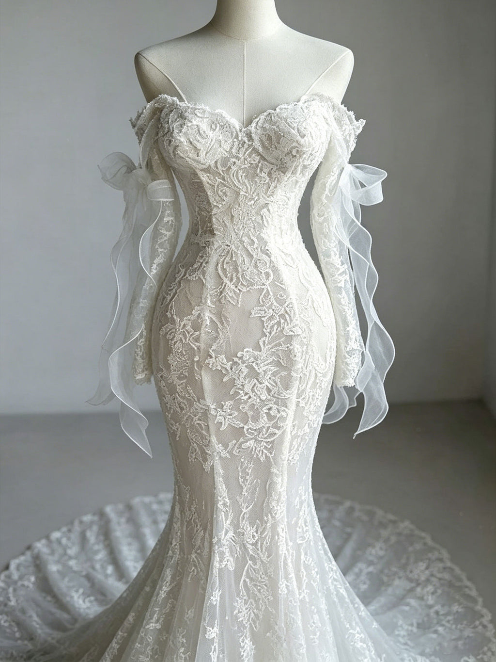 Ivory Lace Off-the-Shoulder Long Sleeve Mermaid Wedding Dress