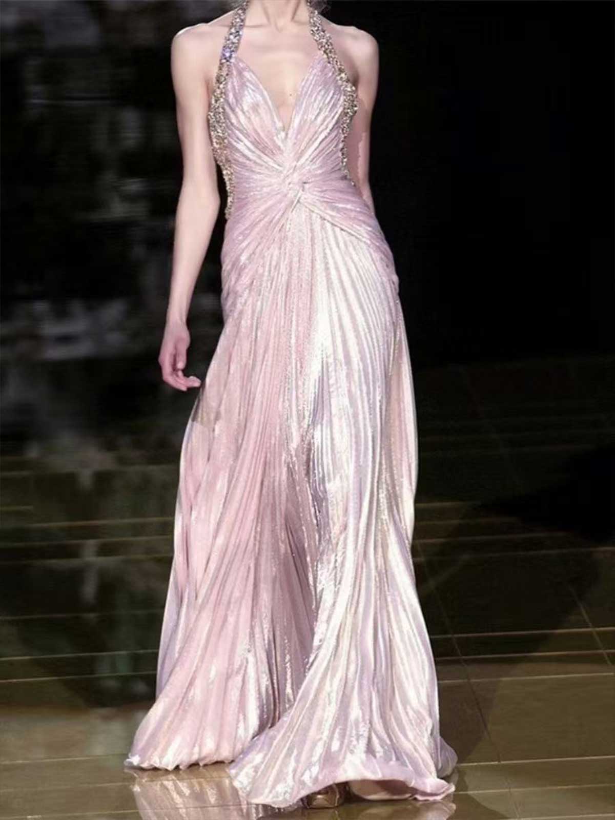 Blush Pink Halter Beaded Pleated Metallic Evening Gown