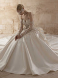 Luxury Off-the-Shoulder Lace Ball Gown with Sheer Long Sleeves
