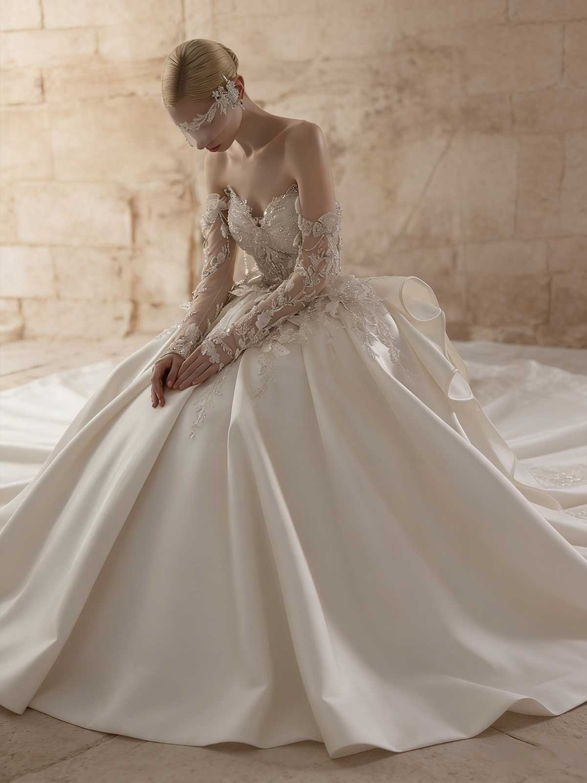 Luxury Off-the-Shoulder Lace Ball Gown with Sheer Long Sleeves