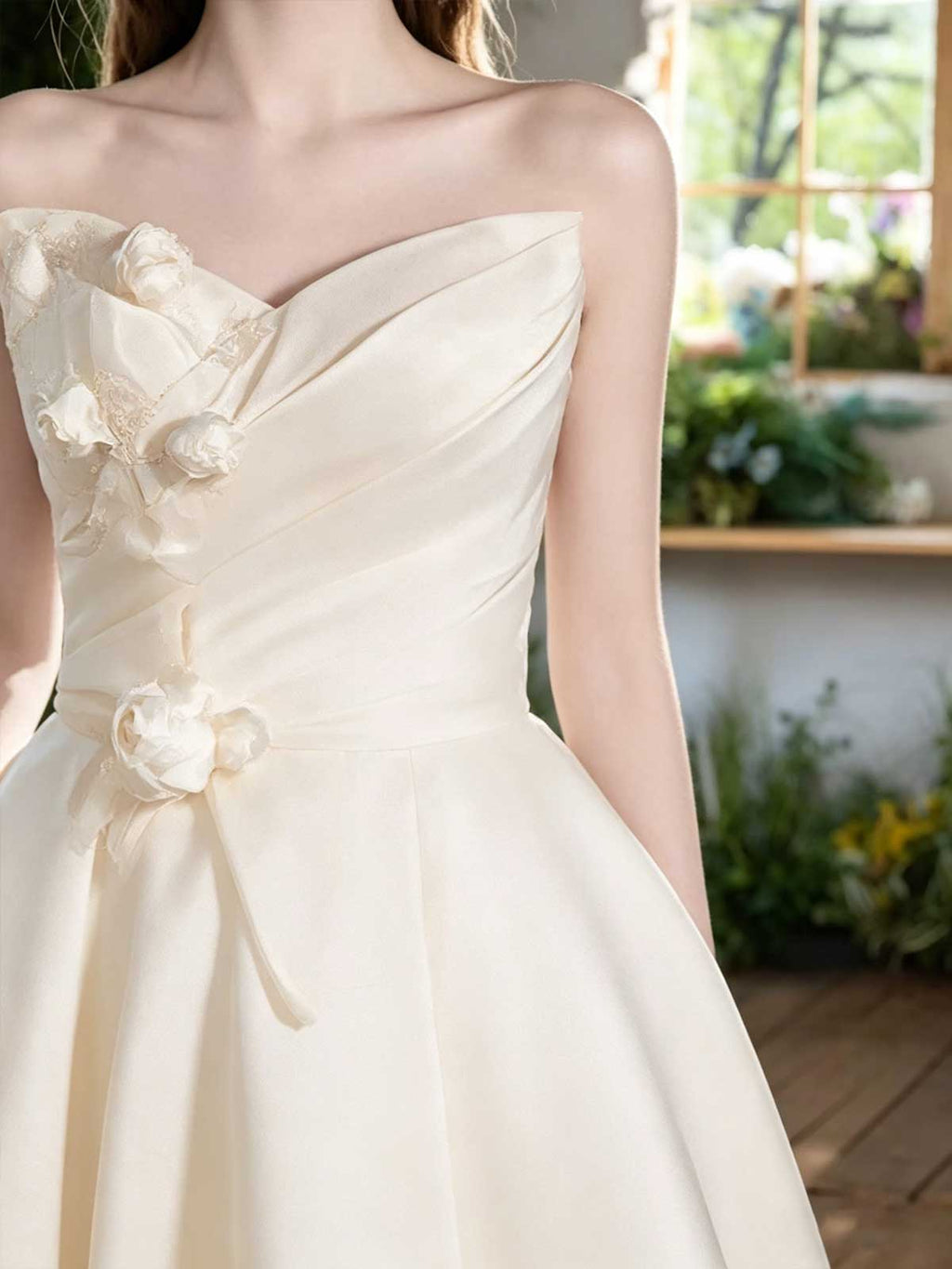 Ivory Satin Strapless A-Line Wedding Dress with 3D Floral Accent