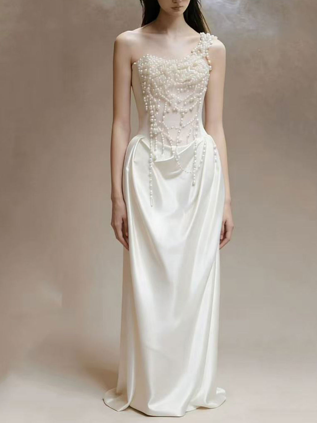 White Pearl Beaded One Shoulder Satin Mermaid Evening Gown