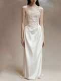 White Pearl Beaded One Shoulder Satin Mermaid Evening Gown
