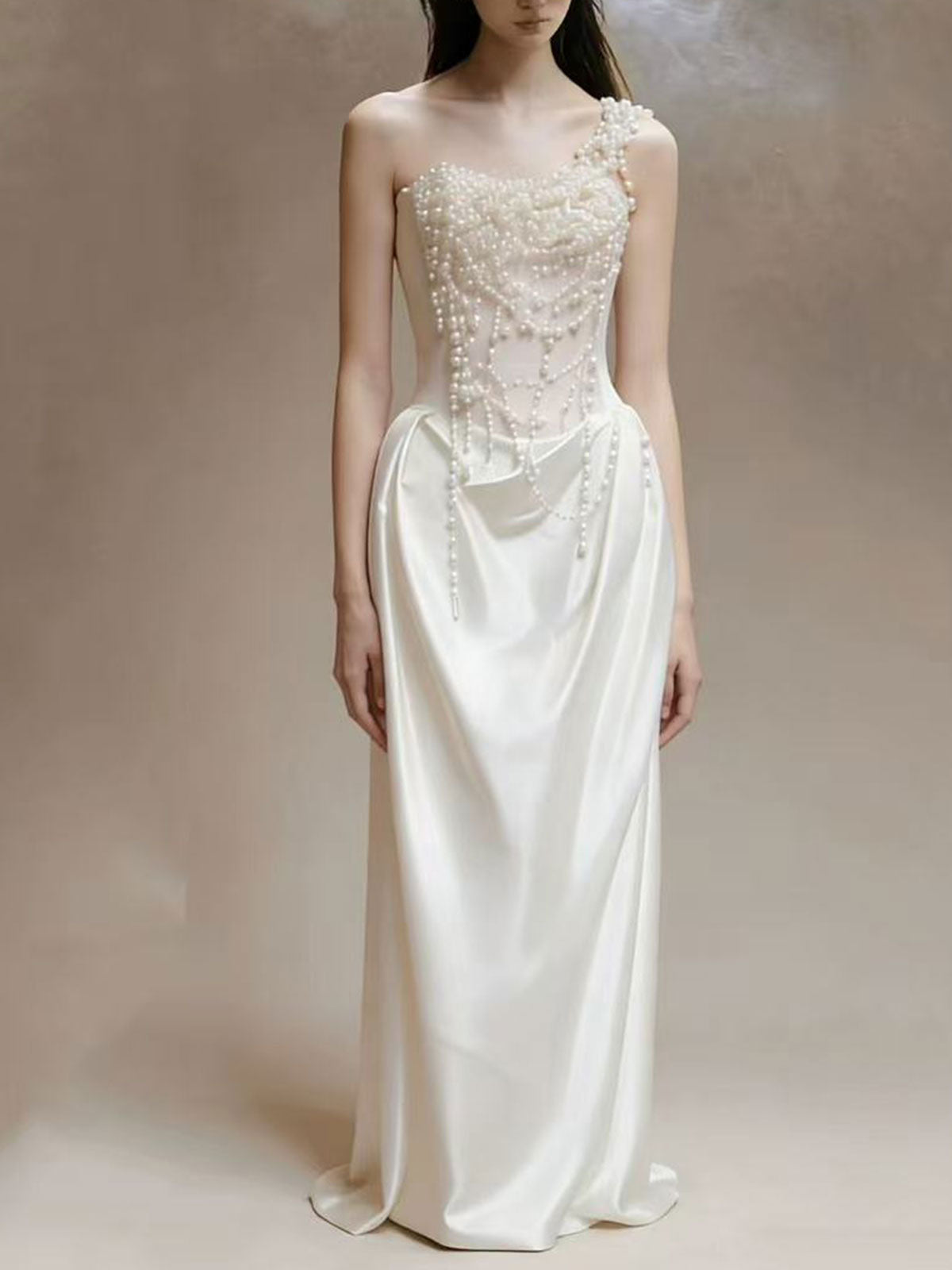 White Pearl Beaded One Shoulder Satin Mermaid Evening Gown