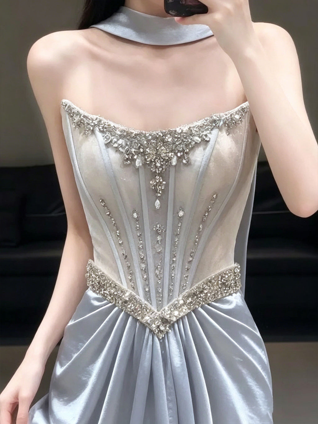 Halter Neck Ice Blue Crystal Corset Draped Satin Evening Gown