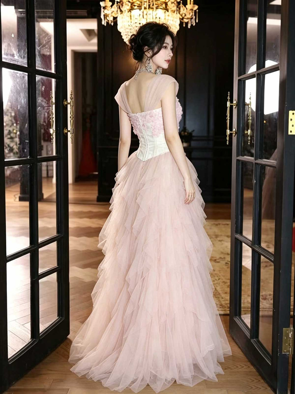 Blush Pink 3D Floral Ruffle Tiered Tulle A-Line Prom Gown