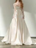 Ivory Bow Strapless Satin A-Line Wedding Dress with Tulle Sleeves