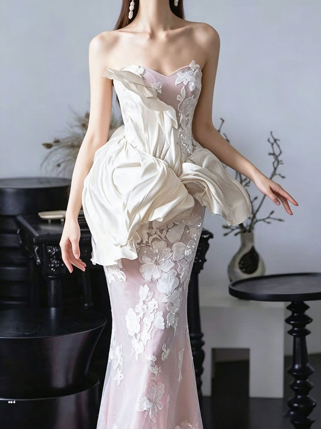 Blush & Ivory Strapless Floral Lace Mermaid Gown with Satin Peplum