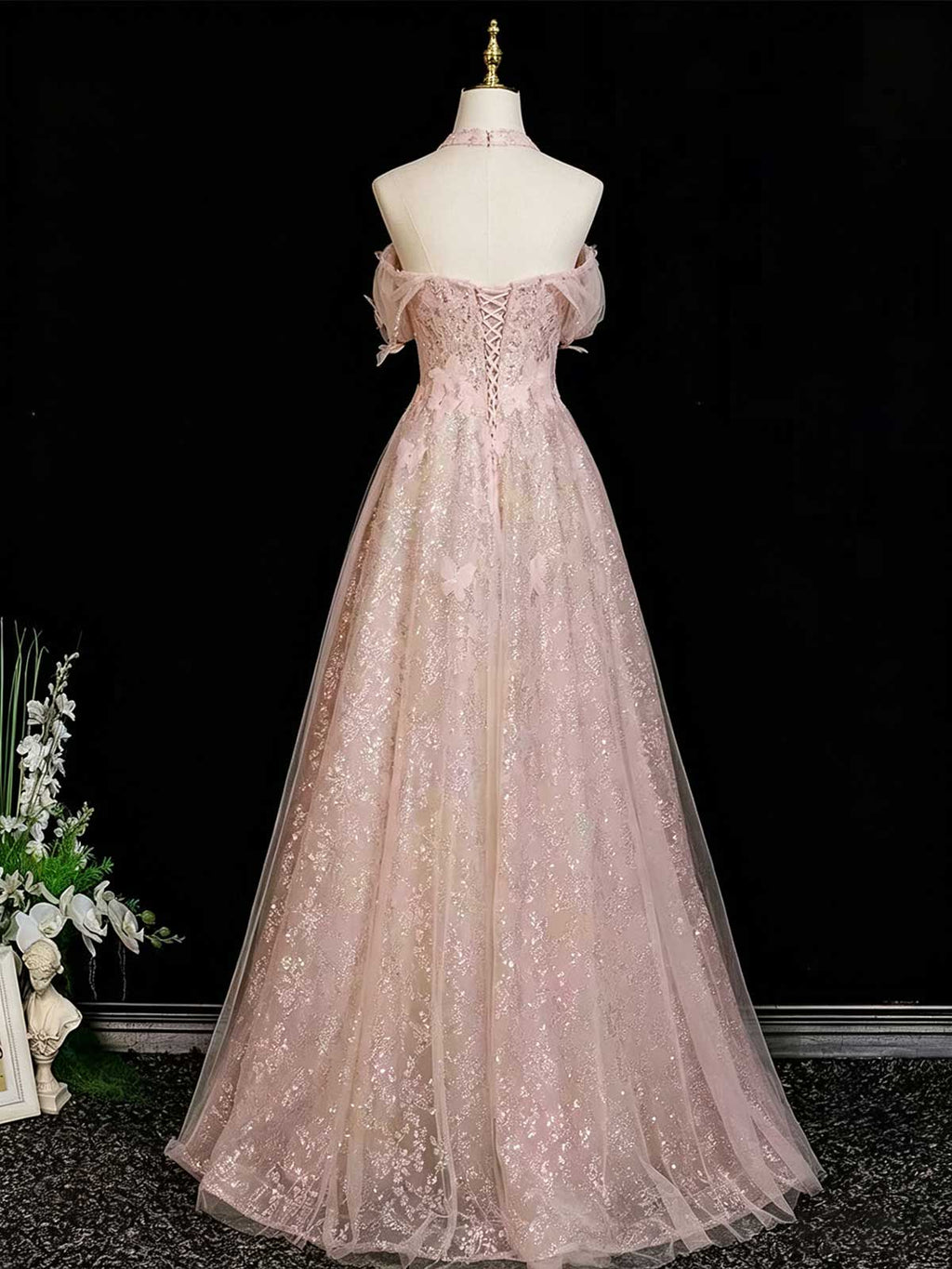 Blush Pink Halter Neck Sparkly Tulle A-Line Formal Prom Dress